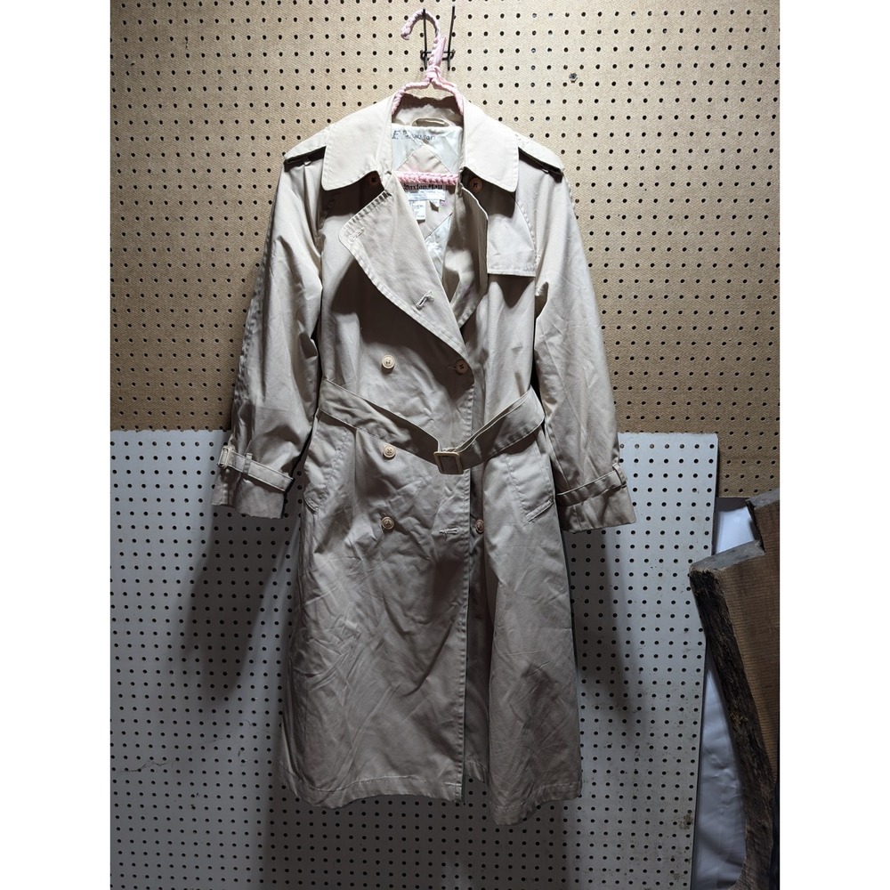 Vintage 80s Saxton Hall Double Breasted Trench Coat Khaki Beige Petite